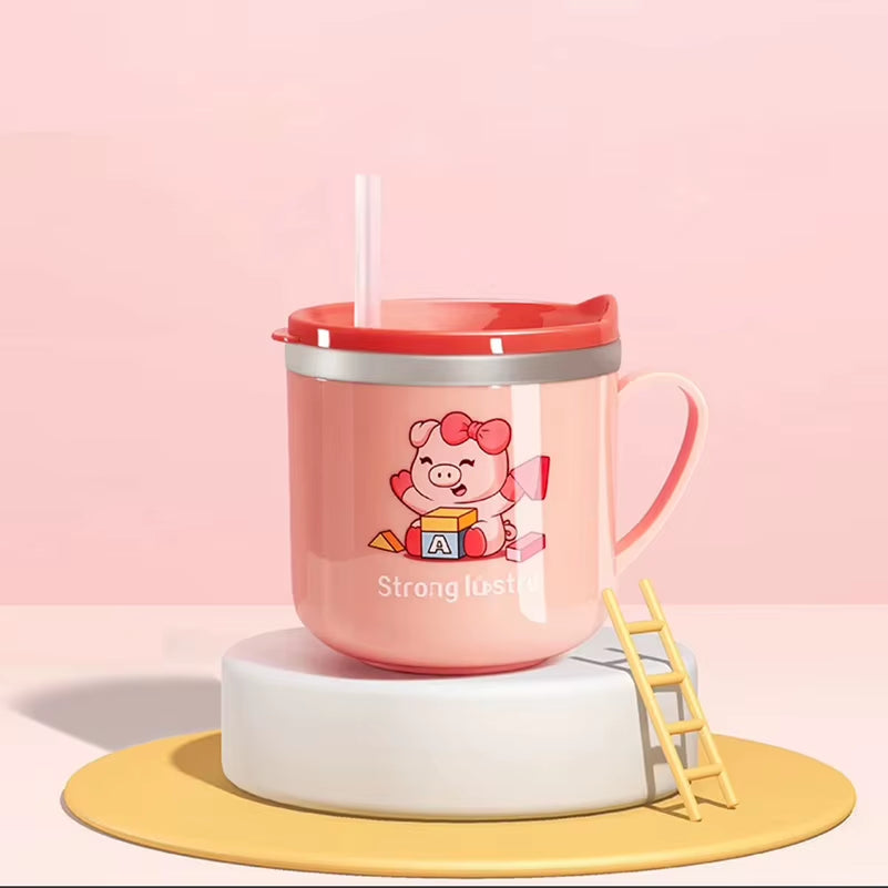 250ml/8.5oz Cartoon Stainless Steel Kids Straw Cup with Lid