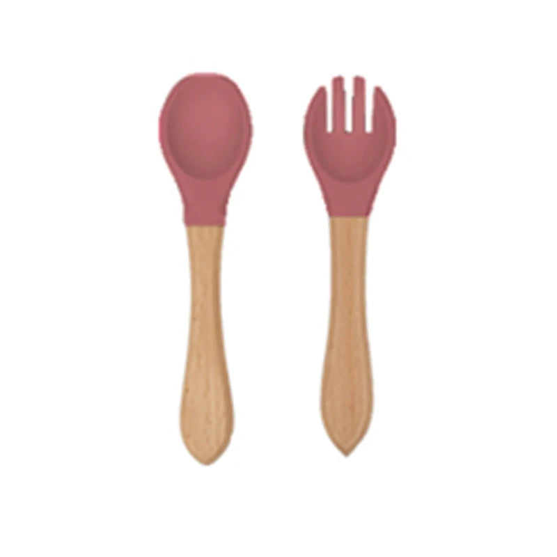 2-Piece Wooden Handle Silicone Fork & Spoon Set 