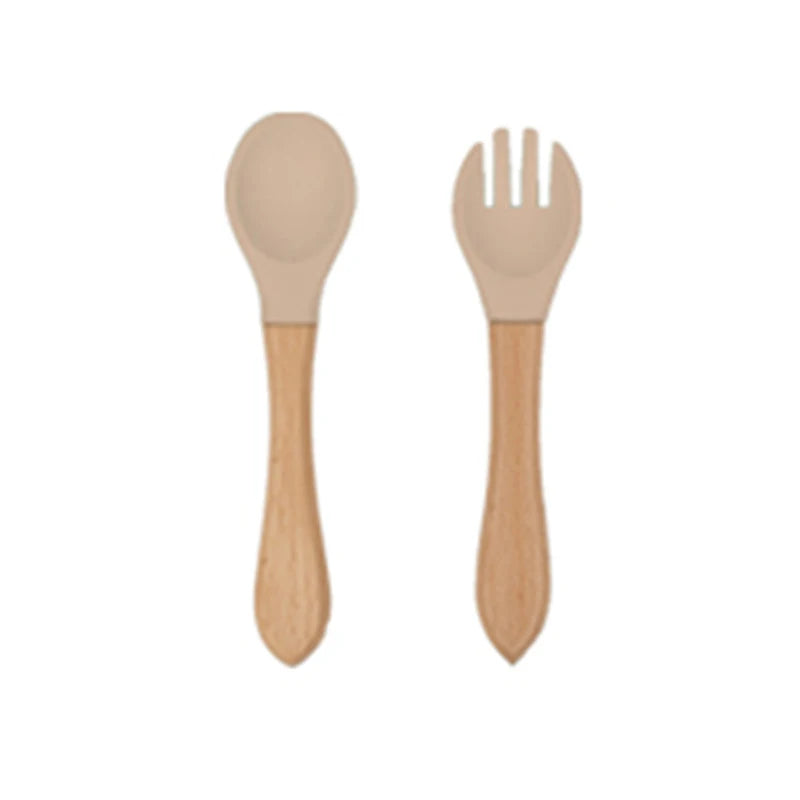 2-Piece Wooden Handle Silicone Fork & Spoon Set 