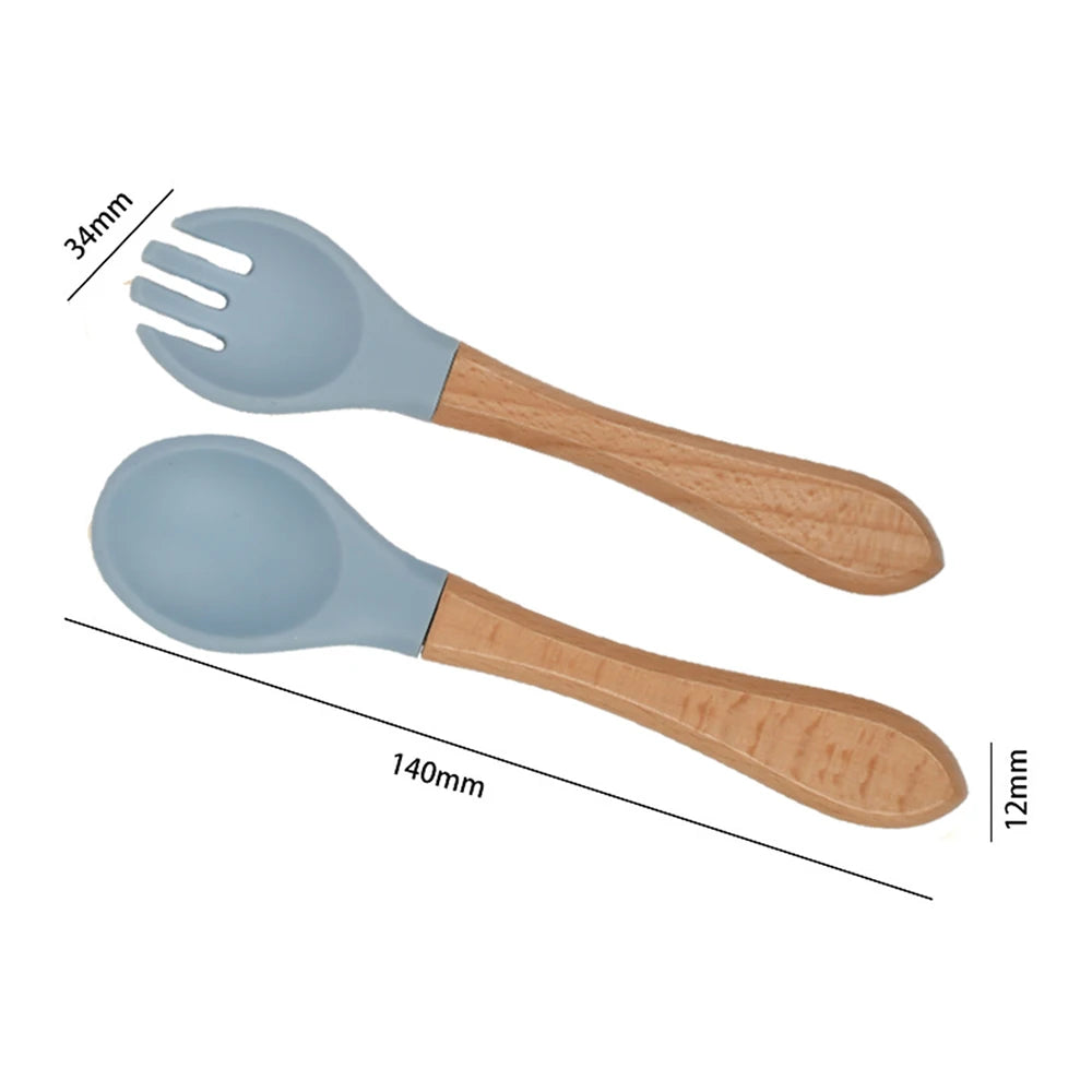 2-Piece Wooden Handle Silicone Fork & Spoon Set 